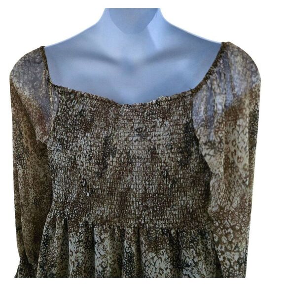 Animal Print Long Sleeve Smocked Midi Ruffle Hem milk maid cottagecore peasant - Picture 2 of 9